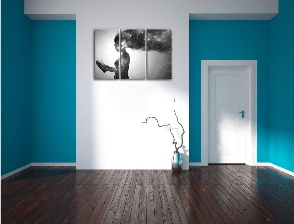 Pixxprint abstrakte Frau mit Buch Kunst Kohle Effekt 3-Teiler Leinwandbild 120x80 Bild auf Leinwand
