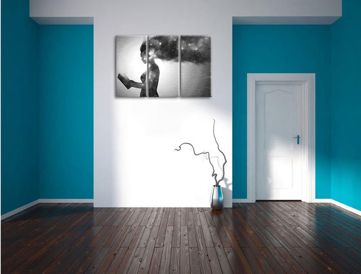 Pixxprint abstrakte Frau mit Buch Kunst Kohle Effekt 3-Teiler Leinwandbild 120x80 Bild auf Leinwand