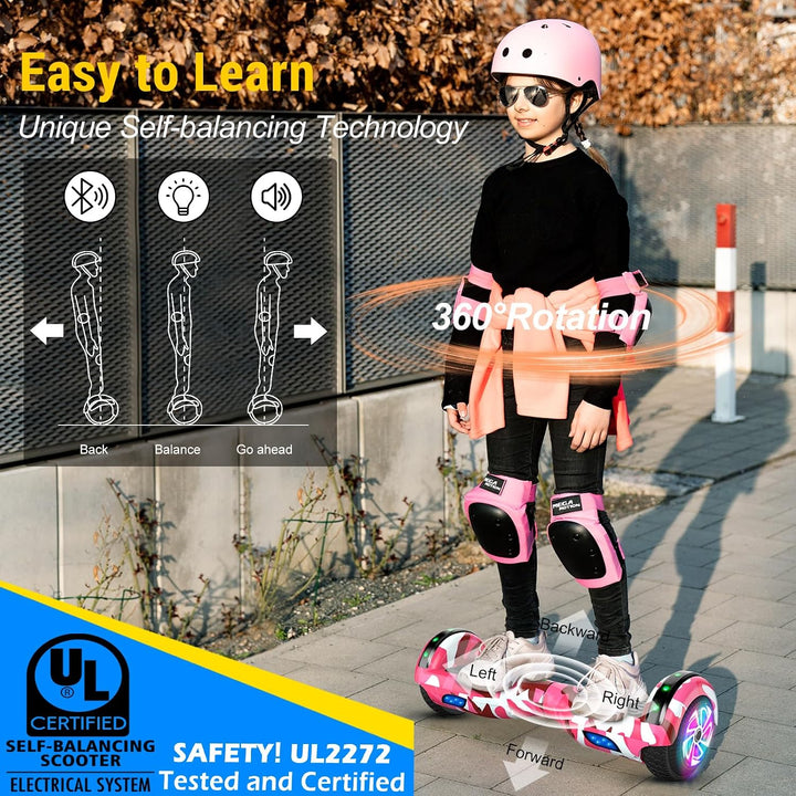 Offroad Hoverboard mit Bluetooth-Lautsprechern LED-Licht, Rutschfeste Fusspolster,6.5 Zoll Reifen Le