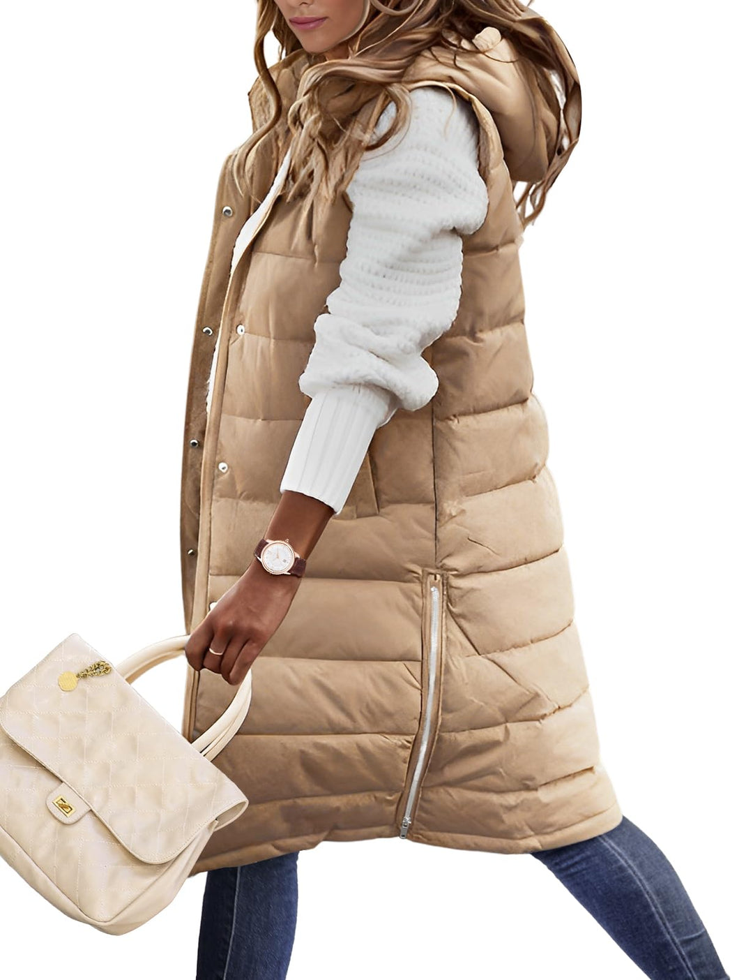 Yuson Girl Lange Jacke Weste für Damen Ärmellose Kapuzenweste Steppweste Damen Lang Winteroberbeklei