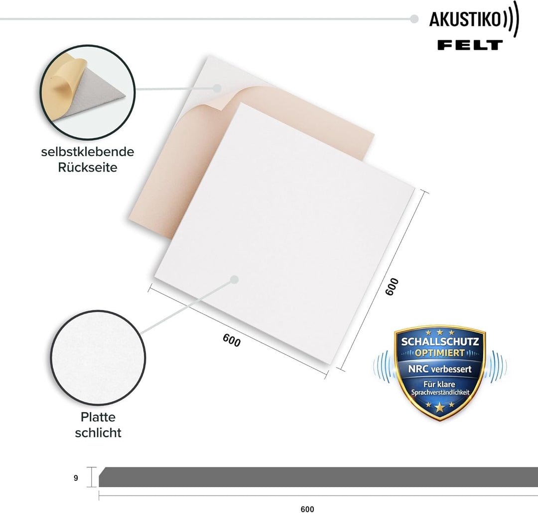 AKUSTIKO Akustikpaneele Selbstklebend 60x60cm - 8 Stück Weiss Akustik Wandpaneele Schallschutz & Rau