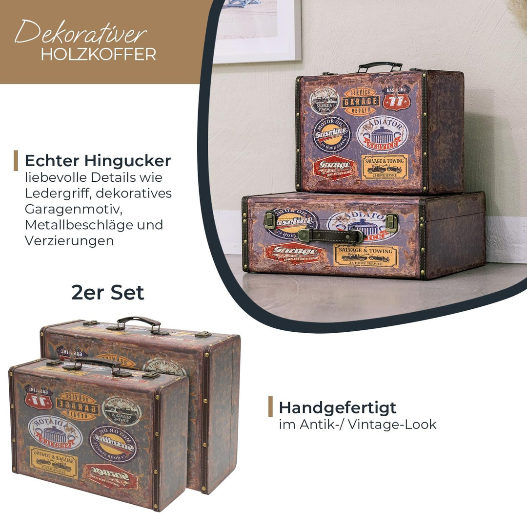 HMF VKO107 Vintage Koffer aus Holz | 2er Set | Versch. Grössen | Deko Garage Set de 2 Garage, Set de