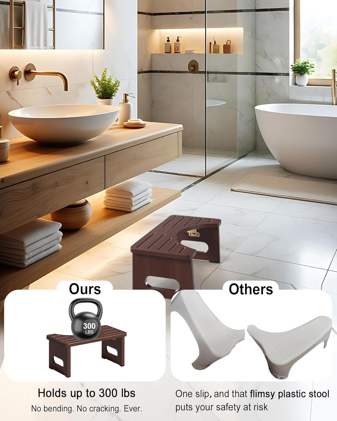 YOSE Toilettenhocker aus Holz für Erwachsene, Faltbarer Hockhocker fürs Badezimmer, Rutschfester Dop