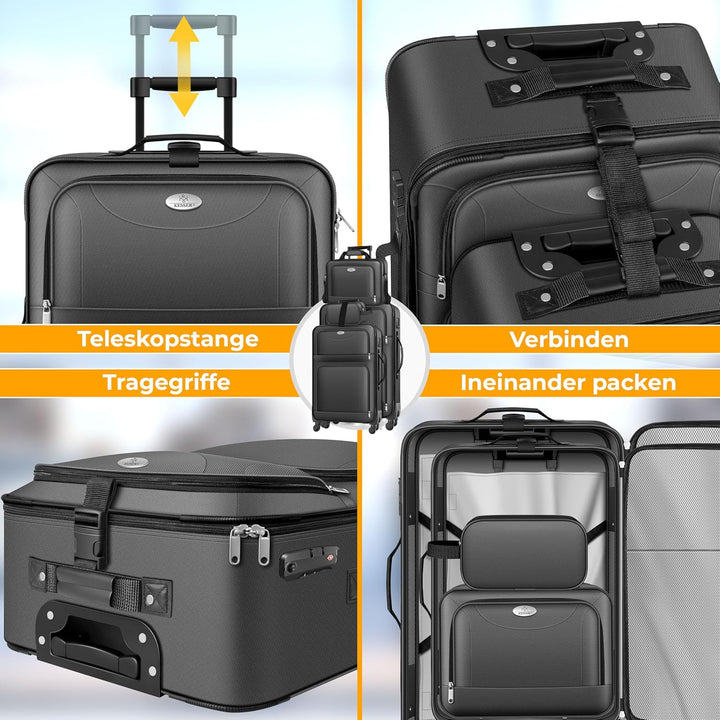 KESSER® Reisekoffer Set 4-teilig | Trolley Kofferset Stoffkoffer mit 3-Ziffern-TSA-Schloss, 360° Rol