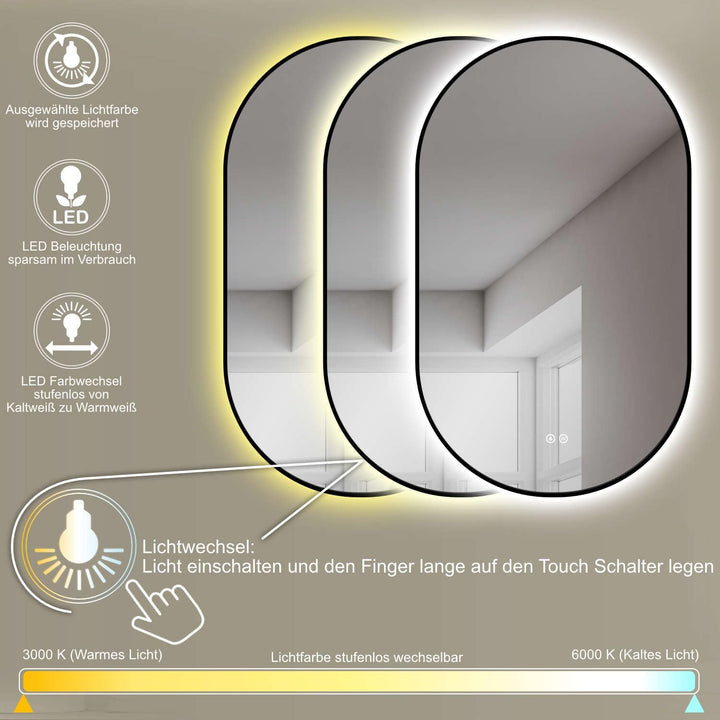 HOKO Design LED ANTIBESCHLAG Spiegel oval 45 x 75 cm + Metall Rahmen Schwarz. HOCH + QUER Montage. B