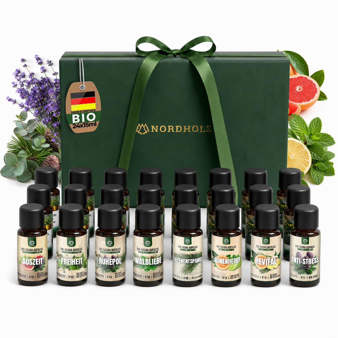 NORDHOLZ® Saunaaufguss Discovery Box 24x10ml BIO [NATURREINE ÄTHERISCHE BIO-ÖLE] Sauna Aufgussmittel