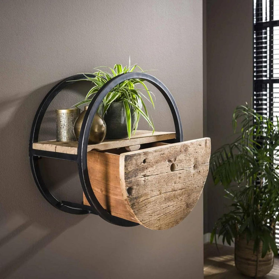 RINGO-Living Rundes Regal Metall & Massivholz mit Schublade, Hängende Kommode aus Hartholz & Metallu
