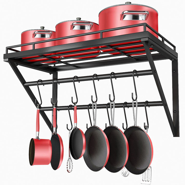 OROPY Topf-Rack, 3-Schicht Eisen Küchenregal Wandmontage, Pfannenhalter mit 12 Haken, 60 * 29.5 * 24