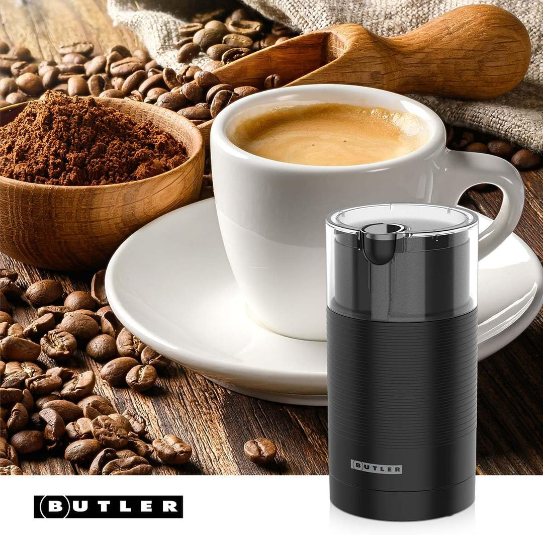 Butler Kaffeemühle - 150W Elektrische Kaffeemühle mit Edelstahlmahlwerk - 70g Mahlbehälter - Schwarz