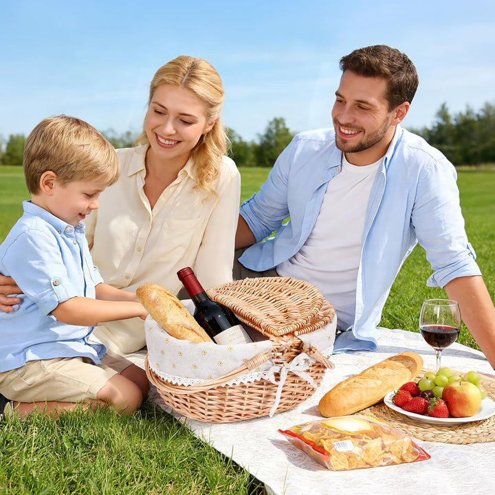 Picknickkorb, Picknickkorb mit Doppelt zu öffnendem Deckel und Klappbarem Griff, Handgewebter Korb m