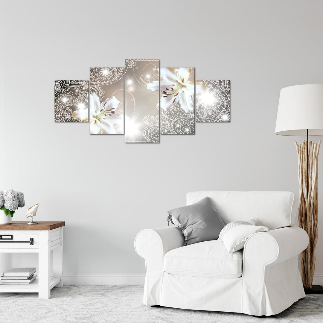 Runa Art Wandbilder Blumen Lilien 5 Teilig Bild auf Vlies Leinwand Deko Wohnzimmer Abstrakt Beige 00