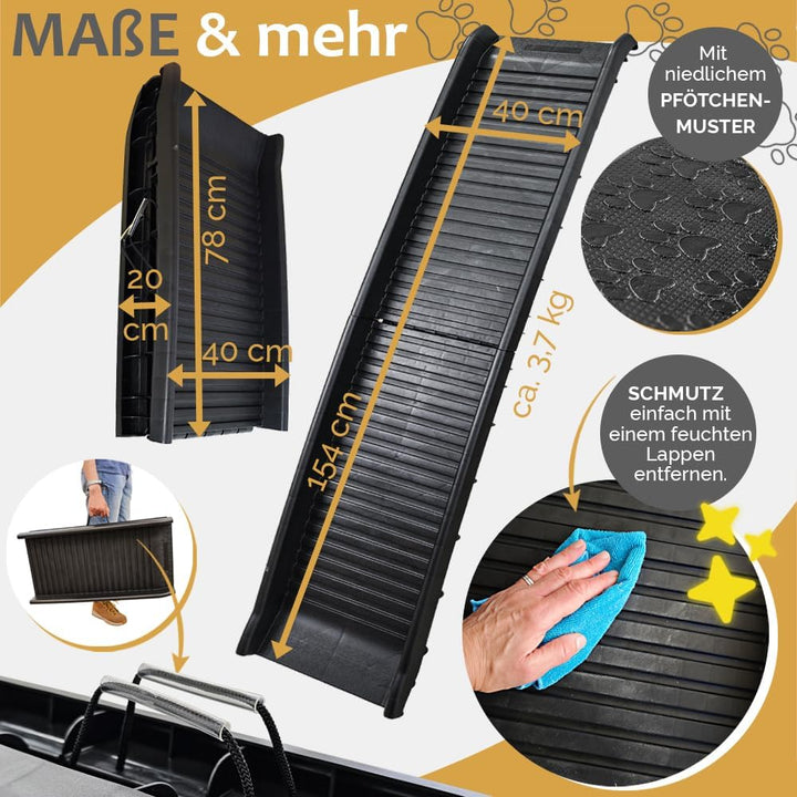 Kunststoff Hunderampe 154 cm, 70 kg Belastbarkeit klappbar für Auto Hunde Rampe Hundetreppe Einstieg