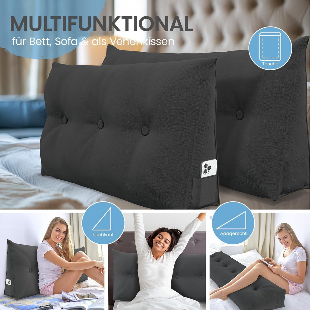 ELONEO Rückenkissen 200 cm breit, Keilkissen für Bett und Sofa geeignet, dreieckiges Lesekissen, Kis