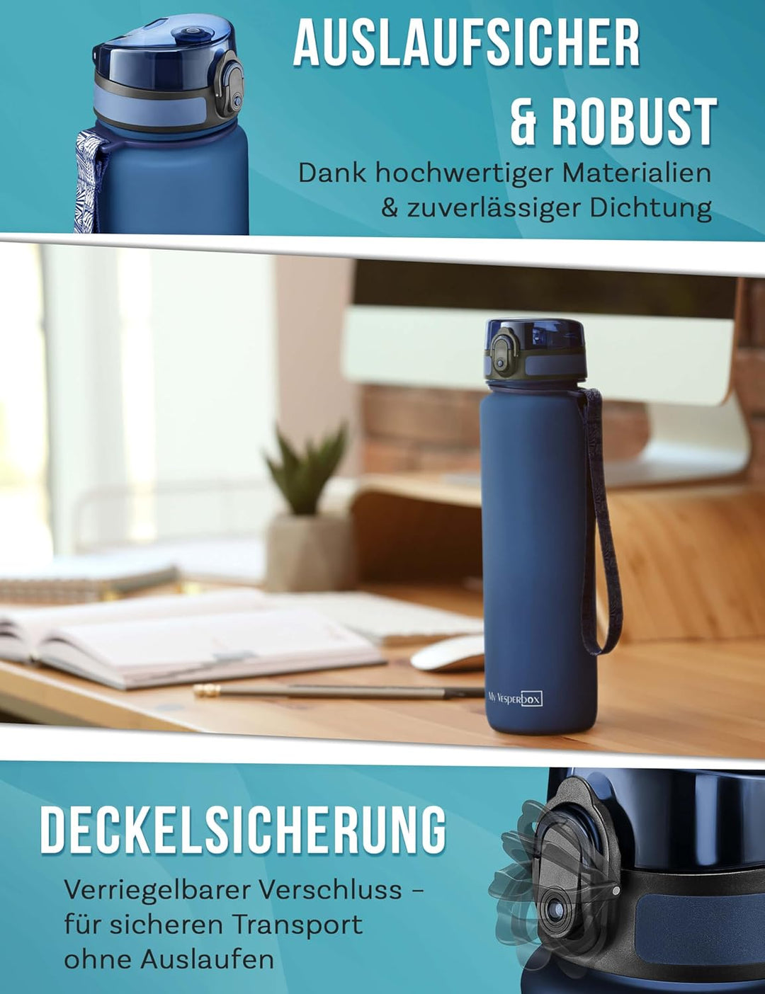 My Vesperbox® Trinkflasche Kinder [1000ML] - Wasserflasche Kohlensäure Geeignet & Auslaufsicher - Wa