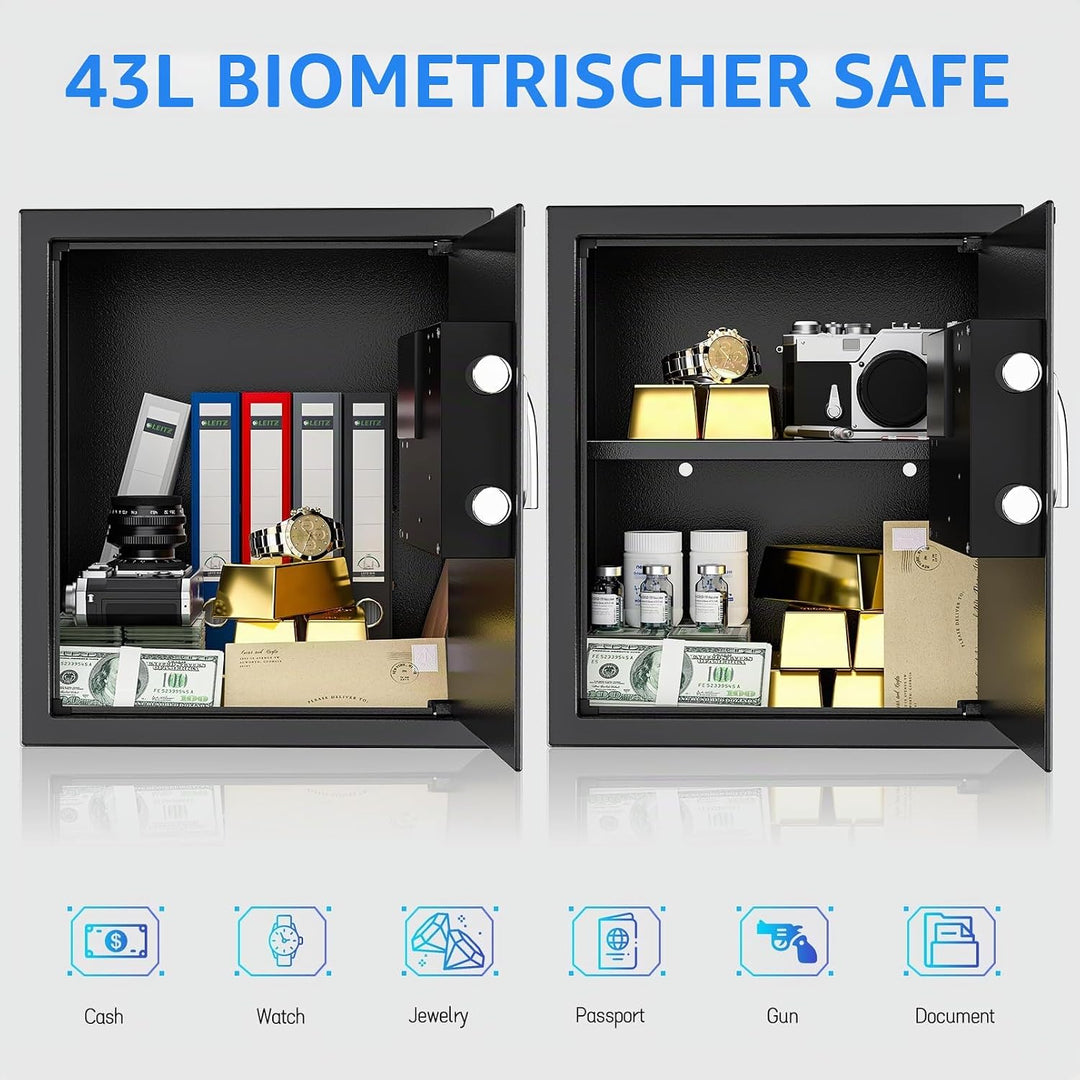 WASJOYE 38.08L Fingerabdruck Tresor Safe, Gross Tresor mit Zahlenschloss, Biometrischer Möbeltresore