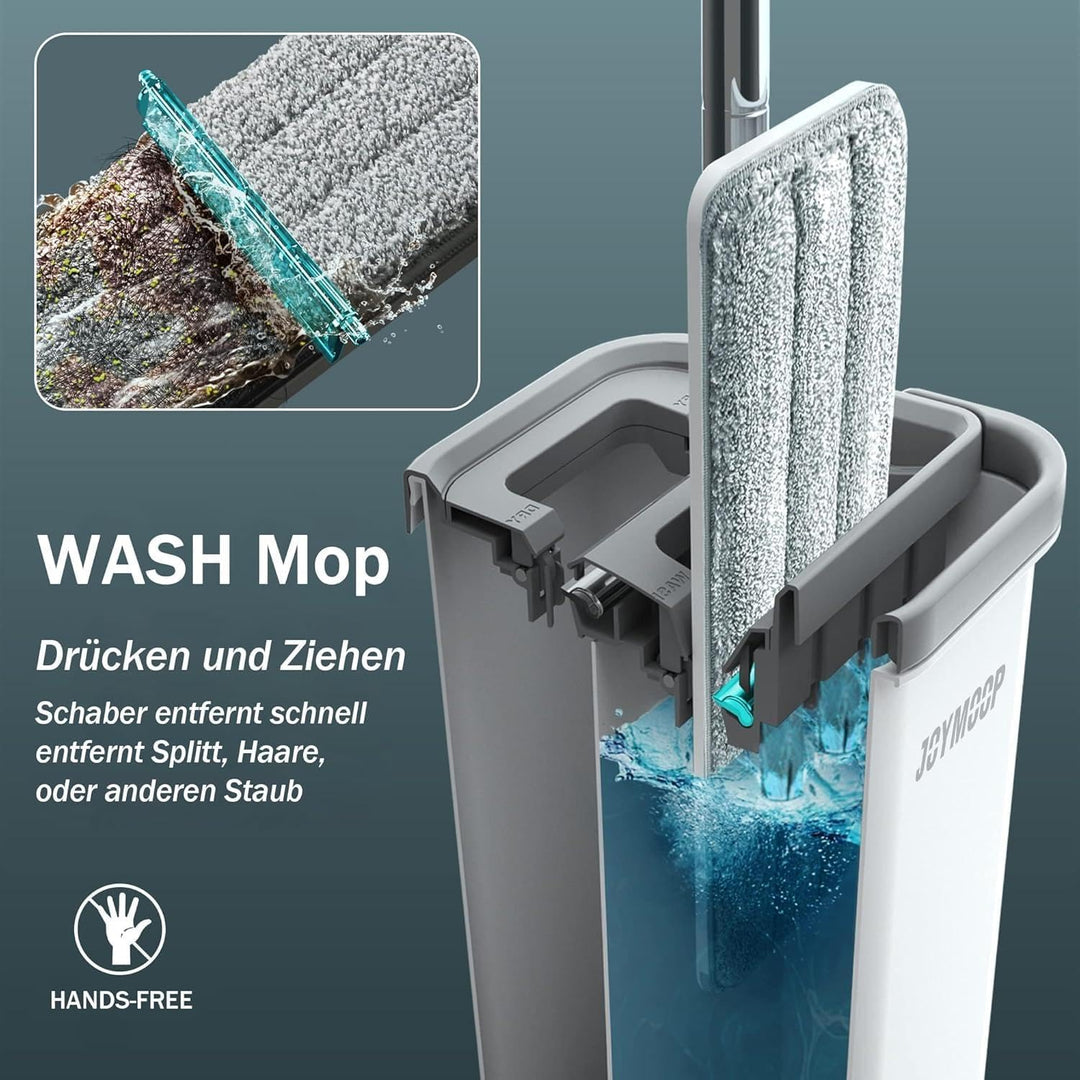 JOYMOOP Wischmopp und Eimer mit Auswringer-Set, freihändiger flacher Bodenwischer und Eimer, mit 3 w