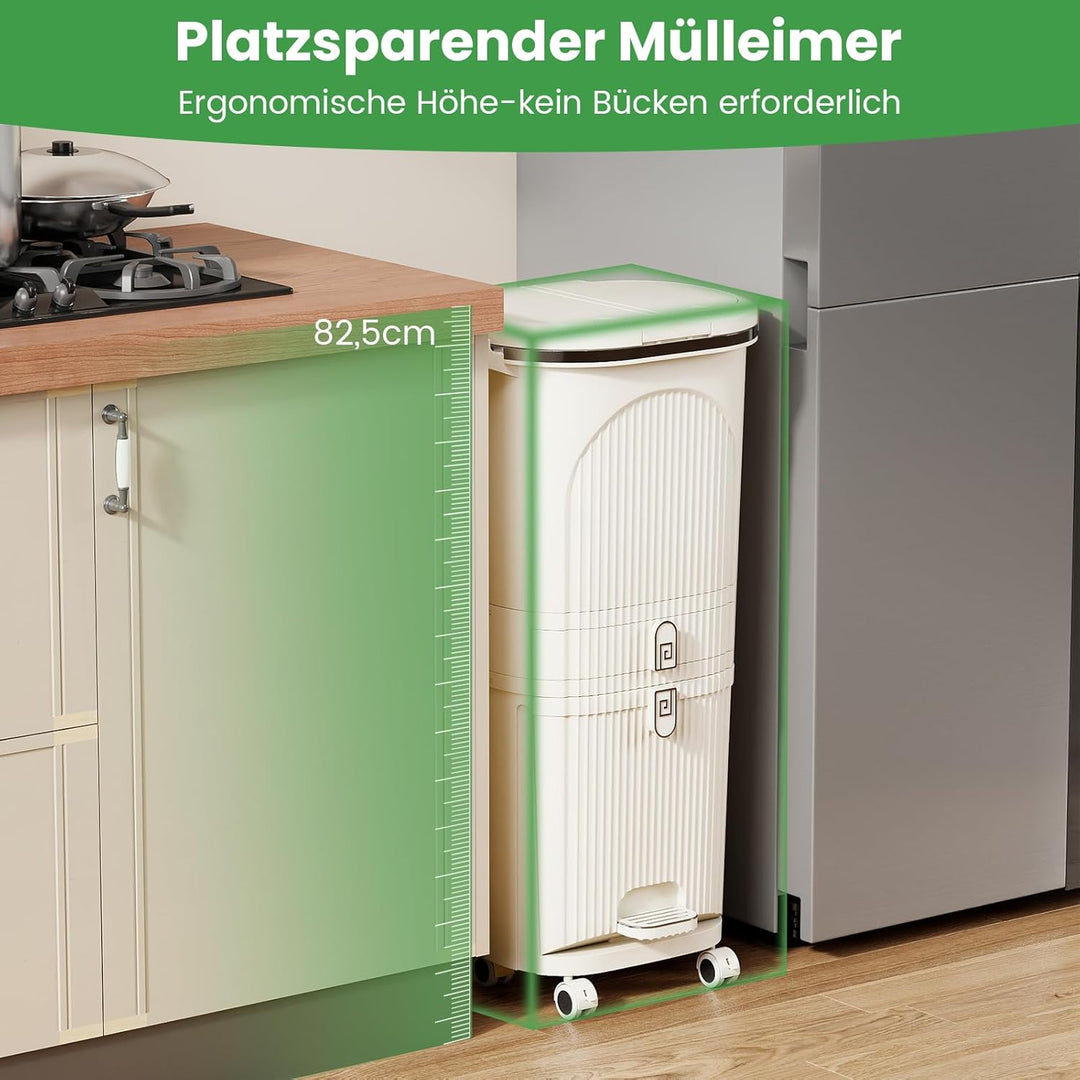 COSTWAY Mülleimer Küche, Mülltrennsystem 3 Fächer, 2 x 12L Inneneimer & 14L Treteimer, Abfalleimer m