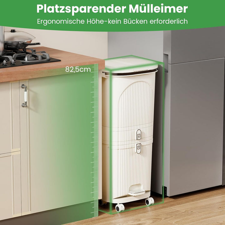 COSTWAY Mülleimer Küche, Mülltrennsystem 3 Fächer, 2 x 12L Inneneimer & 14L Treteimer, Abfalleimer m