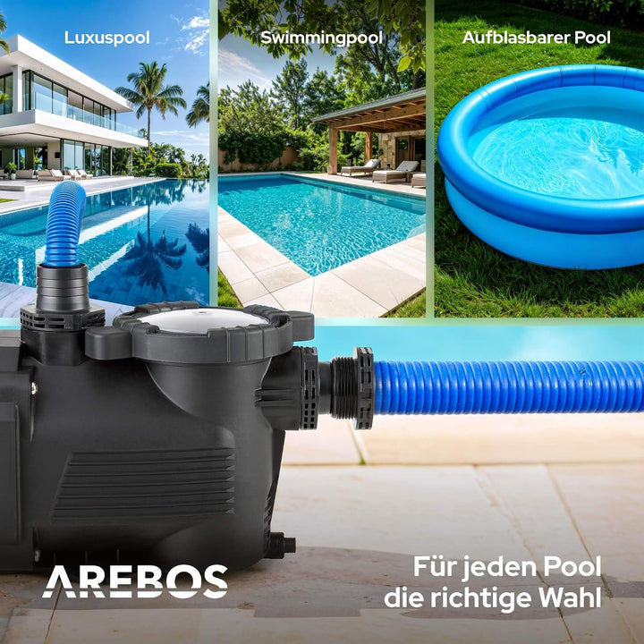 Arebos Schwimmbadpumpe 350W | Filterpumpe mit Vorfilter &amp; 9500 l/h | Poolpumpe für Sandfilteranlage