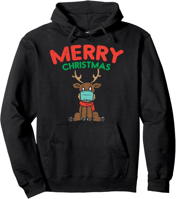 Merry Christmas Reindeer In Mask Funny Xmas Quarantine Gift Pullover Hoodie