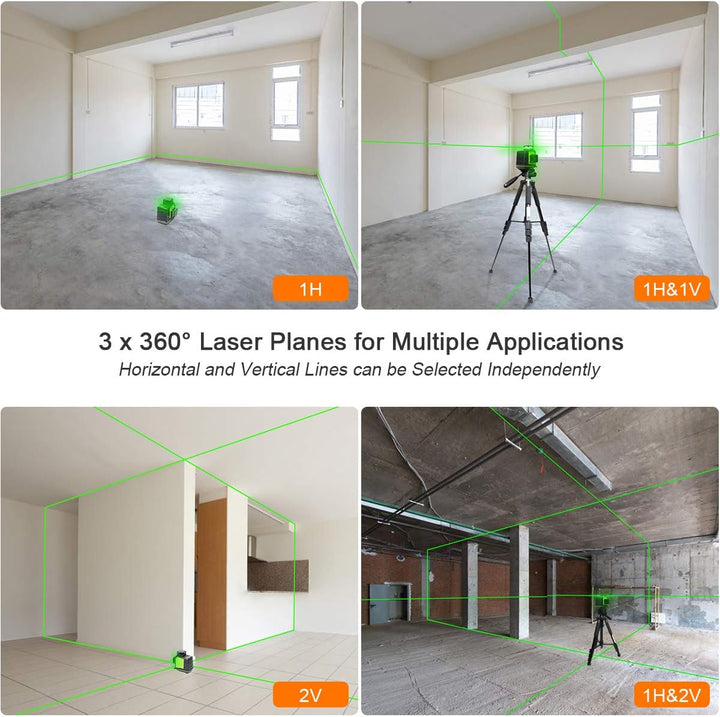 Huepar 3 x 360 Kreuzlinienlaser Grün, 360 Grad 3D Linienlaser Umschaltbare Selbstnivellierenden Lase