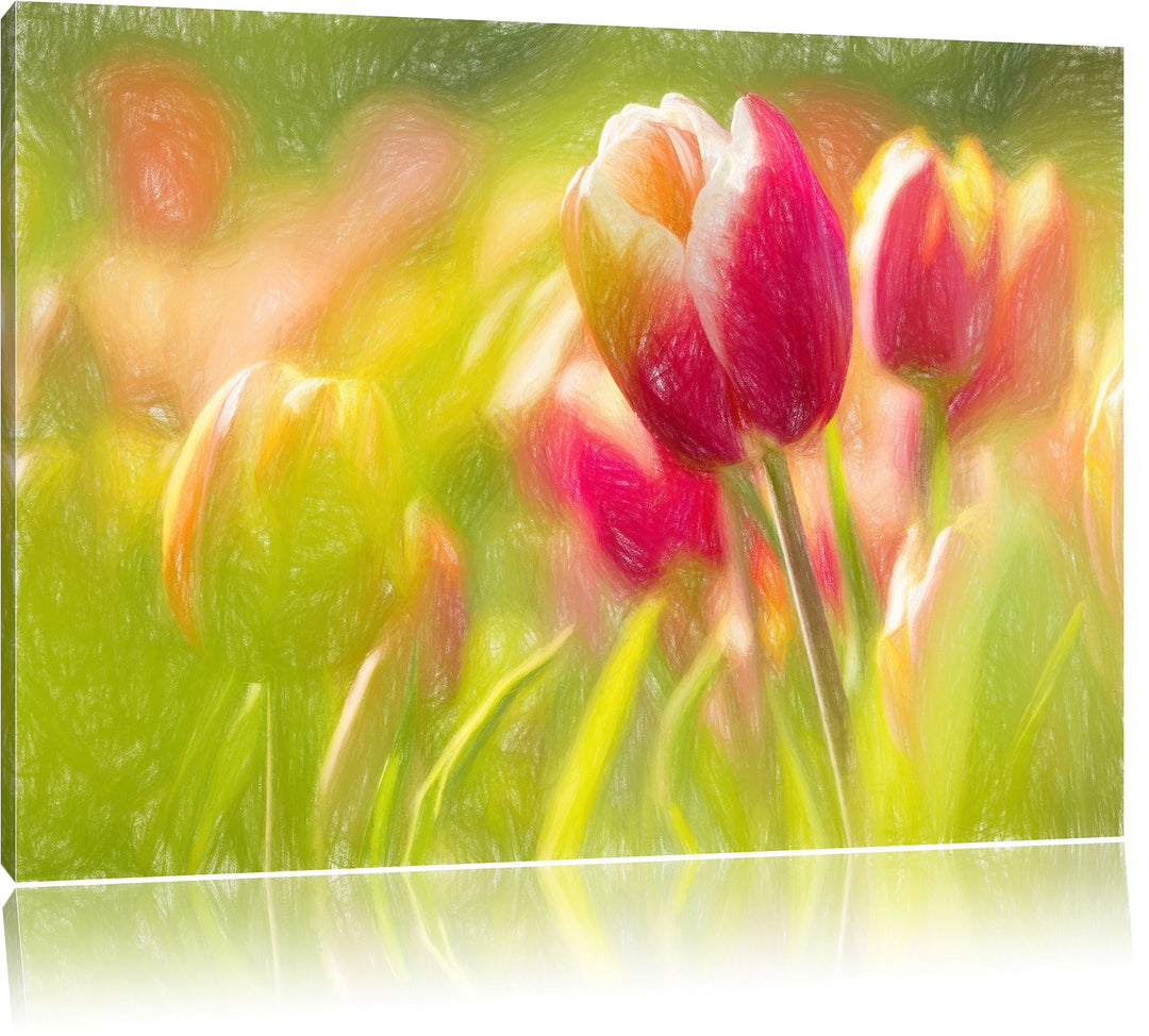Pixxprint Blühende Tulpen als Leinwandbild/Grösse: 100x70 cm/Wandbild/Kunstdruck/fertig bespannt, 10
