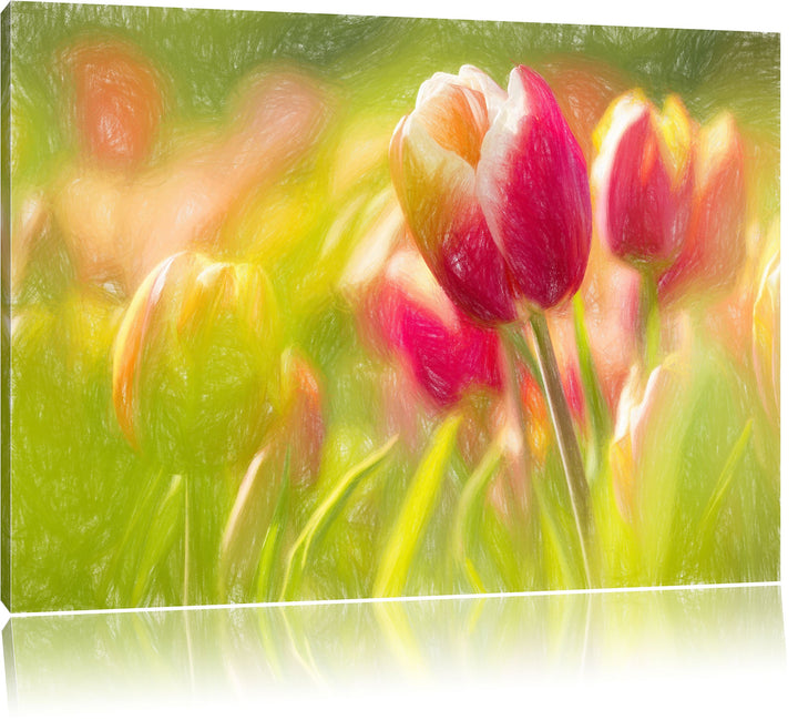 Pixxprint Blühende Tulpen als Leinwandbild/Grösse: 100x70 cm/Wandbild/Kunstdruck/fertig bespannt, 10
