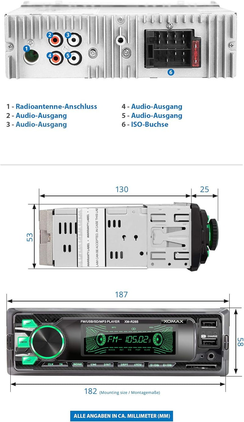 XOMAX XM-R265 Autoradio mit Bluetooth Freisprecheinrichtung I Smartphone Ladefunktion über 2. USB An