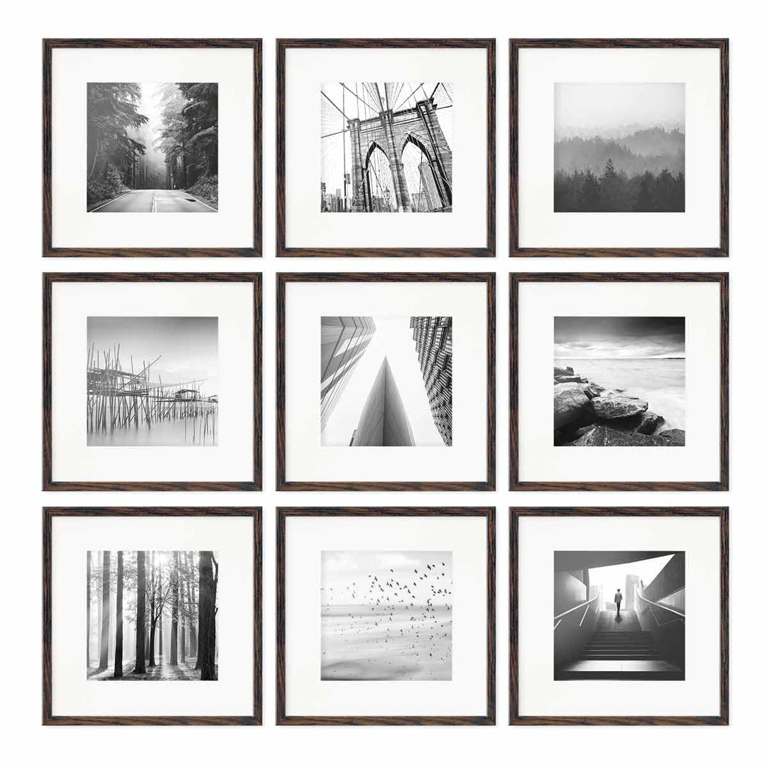 PHOTOLINI Bilderrahmen 30x30 cm MDF-Holz Eiche Dunkel, 9er Set Posterrahmen mit Passepartout, bruchs