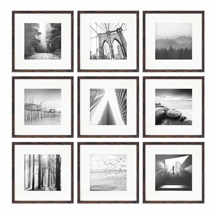 PHOTOLINI Bilderrahmen 30x30 cm MDF-Holz Eiche Dunkel, 9er Set Posterrahmen mit Passepartout, bruchs