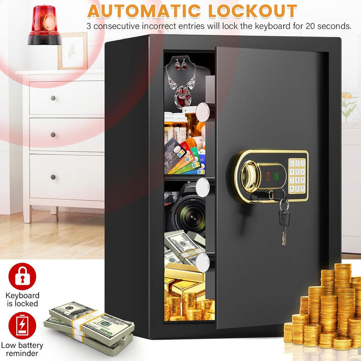 Safe Tresor Feuerfest mit A4 Feuerfester Tasche, 65L Möbeltresor Gross mit Abnehmbares Regal und Ext
