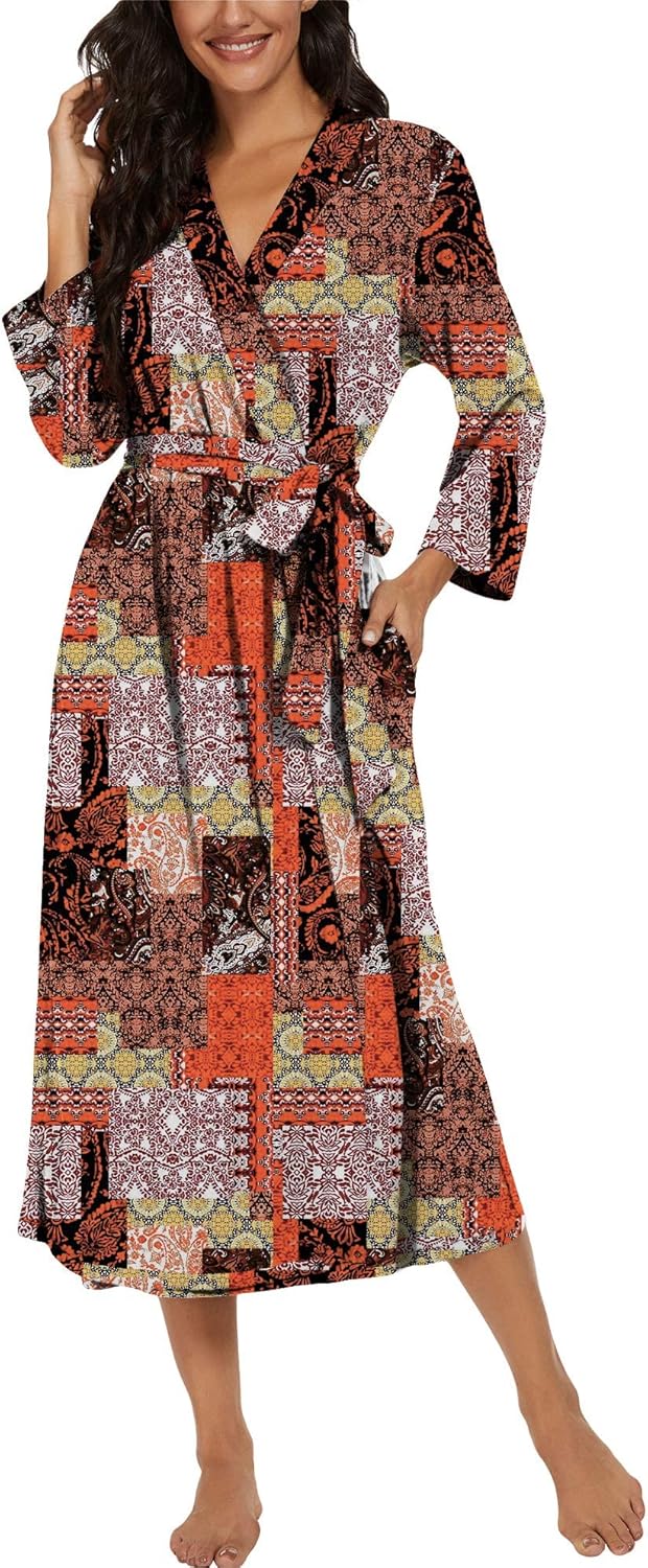 PrinStory Damen Bademantel Leichter 3/4 Ärmeln Morgenmantel V-Ausschnitt Kimono Roben Langes Nachtwä