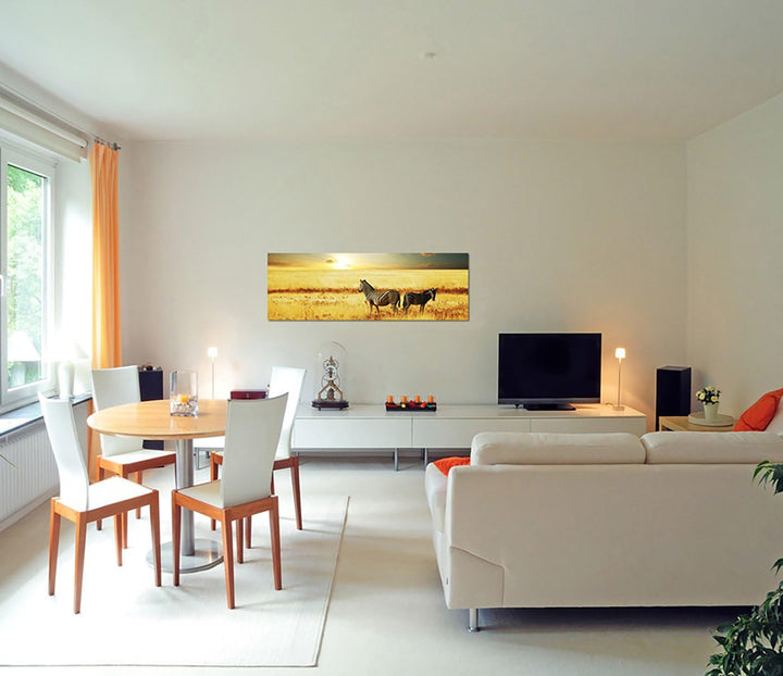 Paul Sinus Art Panoramabild auf Leinwand und Keilrahmen 150x50cm Afrika Zebras Wiese Sonnenuntergang