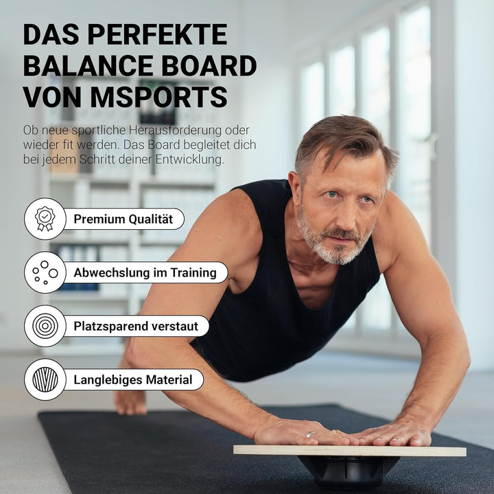 MSPORTS Balance Board aus Holz 39 cm Durchmesser inkl. Balance Übungsposter + Workout App GRATIS The