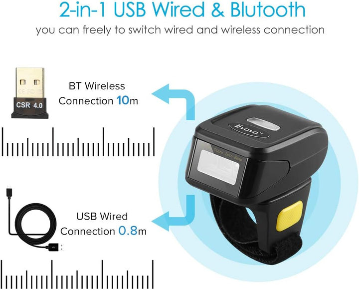 Eyoyo Ring 1D 2D QR-Barcode-Scanner, tragbarer drahtloser Finger-Mini-Barcode-Leser Kompatibel mit W