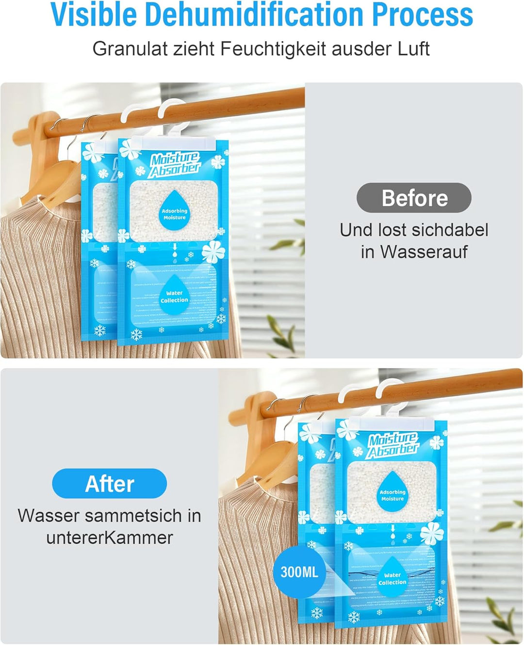 OMECO Hängender Entfeuchtungsbeutel, Feuchtigkeitsdichter Einweg Trockenbeutel, 10 * 230g Entfeuchtu