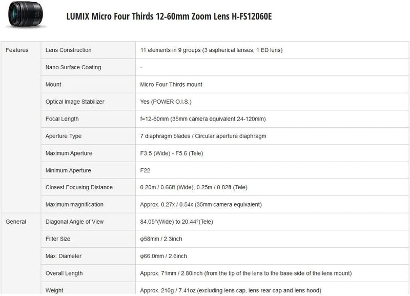 Panasonic H-FS12060E LUMIX G Vario 12-60 mm F3.5-5.6 ASPH. Objektiv (5x Zoom, Power O.I.S. Bildstabi