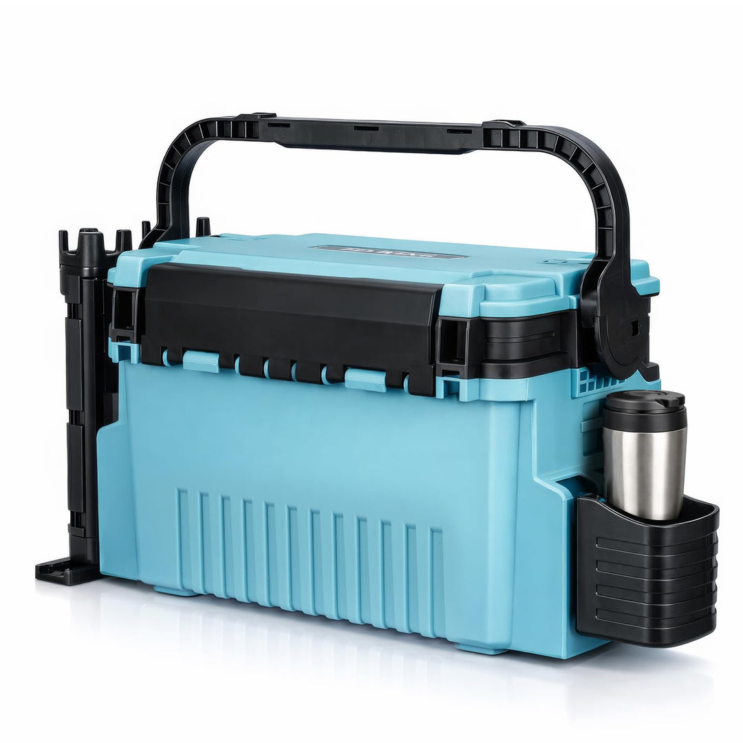 2-stöckig Gross Angelkoffer Tackle Box mit Rutenhalter & Becherhalter, klappbarem Tragegriff, 43×23×