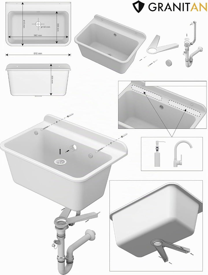 Granitan Ausgussbecken für Garage Keller Werkstatt - Universal Waschtrog mit Siphon - Waschbecken Wa