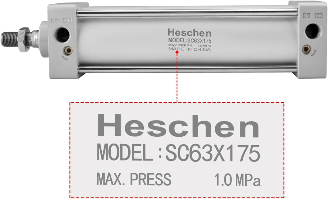 Heschen Pneumatischer Standard-Luftdruckzylinder, SC 63-175, PT3/8 Anschluss, 63mm Bohrung, 175mm Hu