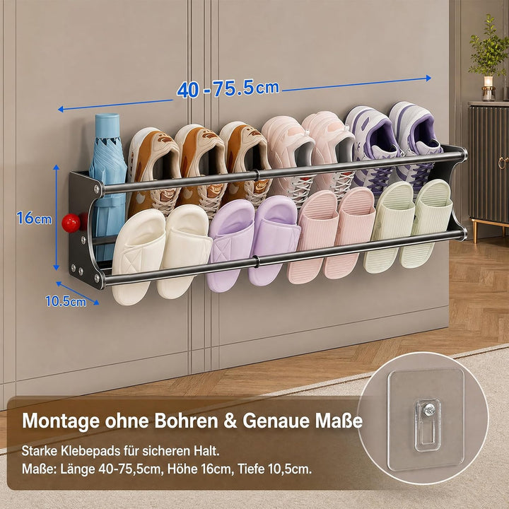 2 Ebenen Schuhregal Wandmontage - Grau Ausziehbares Schuhregal Nagelfrei, 40-75cm Verstellbar und Kl
