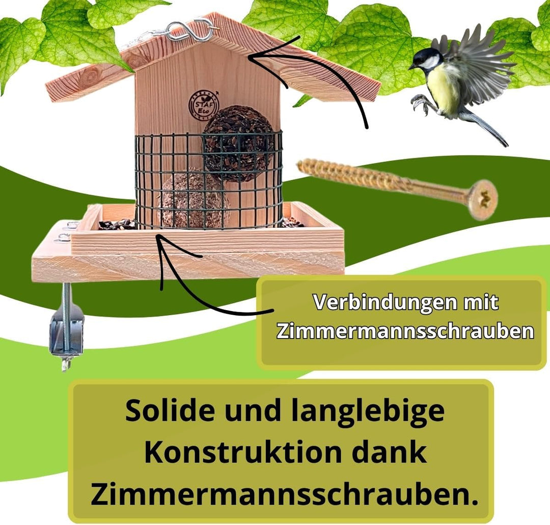Vogelfutterhaus Vogelhaus Balkon aus natürlichem Holz mit Halterung für das Geländer und Kette zum A