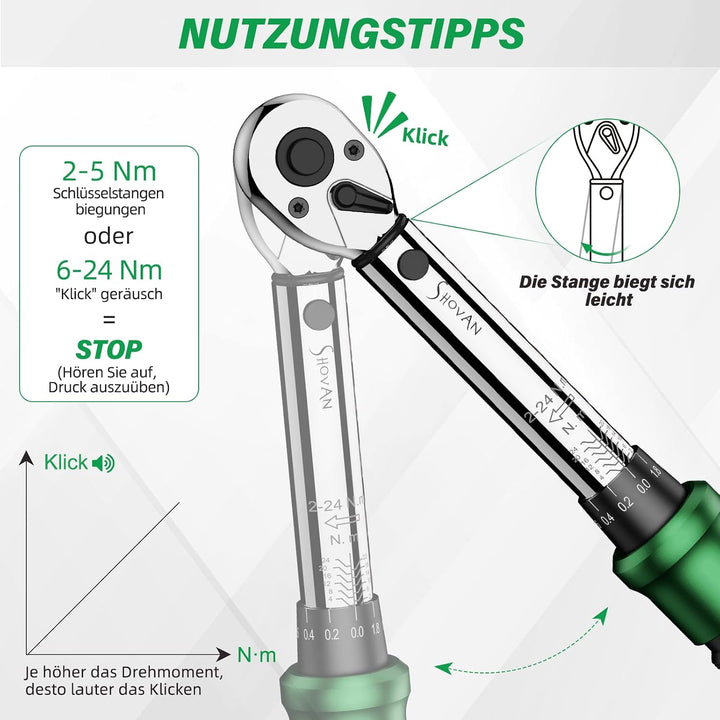 SS SHOVAN 21TLG Drehmomentschlüssel Fahrrad, 1/4 Zoll 2-24 Nm Steckschlüsselsatz, 72 Zähne Umschaltk