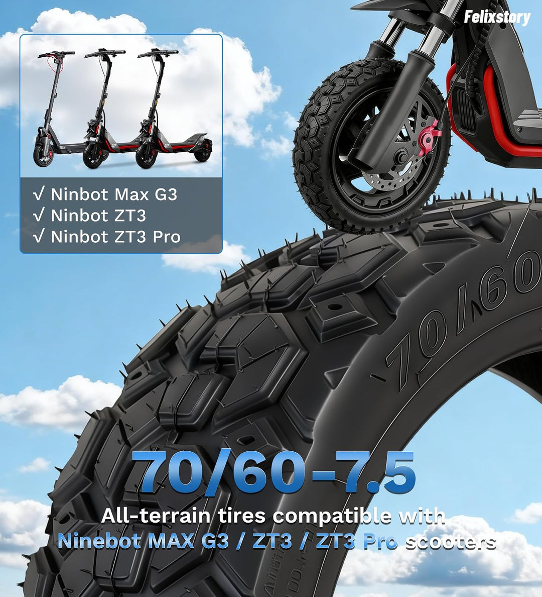 Tubeless-Reifen, selbstdichtend, 70/60‑7,5, kompatibel mit Ninebot By Segway MAX G3 / ZT3 / ZT3 Pro,