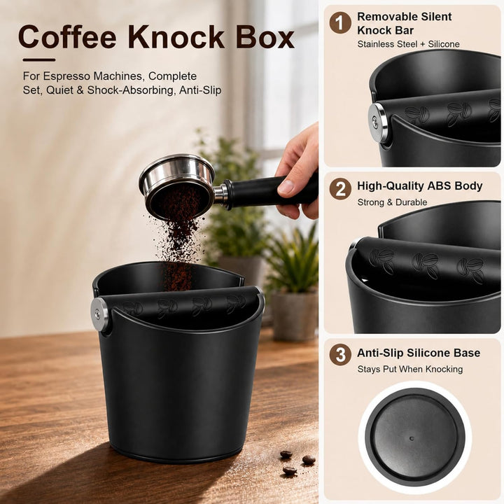 Abklopfbehälter für Siebträger Espresso, ABS Kaffeesatz Knock Box mit Abnehmbarer Edelstahl-Abklopfs