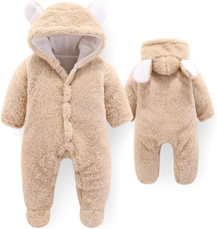 Neugeborene Baby Cartoon Bär Schneeanzug Wintermantel Fleece Kapuze Strampler Jumpsuit Khaki 6-9 Mon
