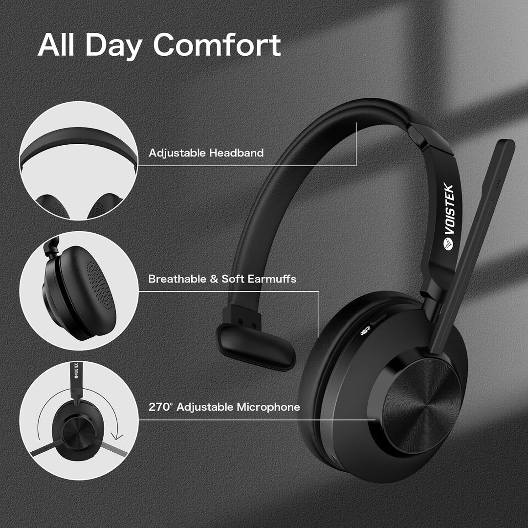 Voistek On-Ear Wireless Headset mit Bluetooth & USB-Dongle – 50 Std. Akkulaufzeit, Geräuschunterdrüc
