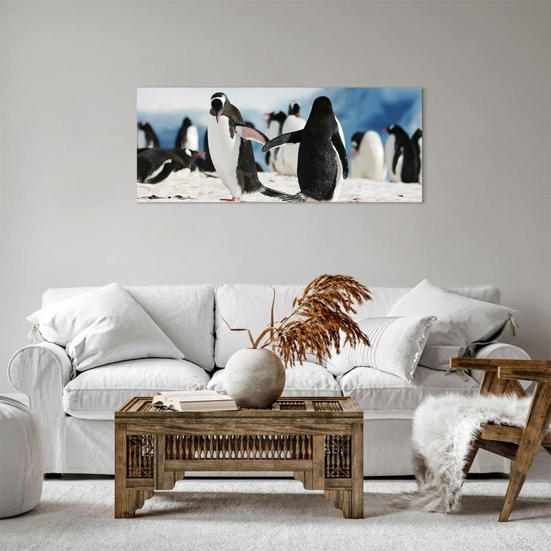 Panorama Bilder auf Leinwand 100x40cm Leinwandbild Pinguine Winter Natur Schnee Gross Wanddeko Bild