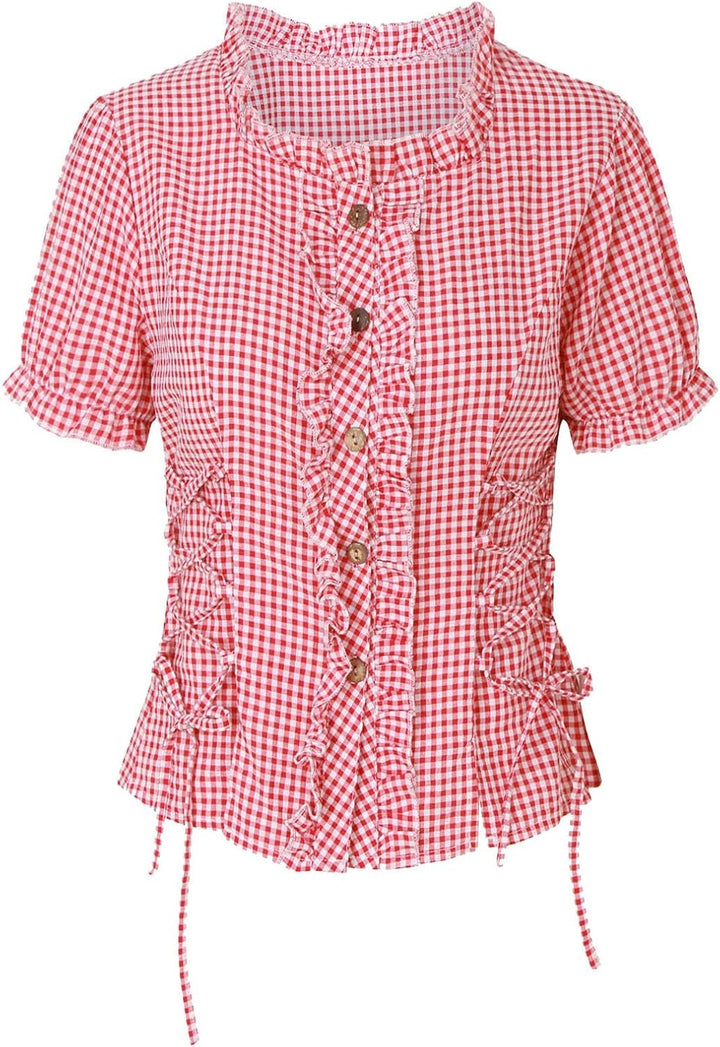 Trachtenbluse Damen Modern Karierte Bluse Oktoberfest Outfit Elegant Kurzarm Landhausmode Shirt Spit