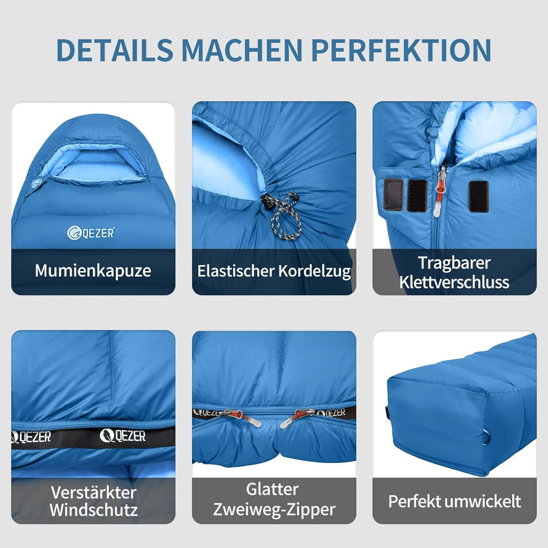 Daunenschlafsack, Winterschlafsack, gefüllt mit 650er Entendaunen. RDS-Zertifiziert. Geeignet für Te